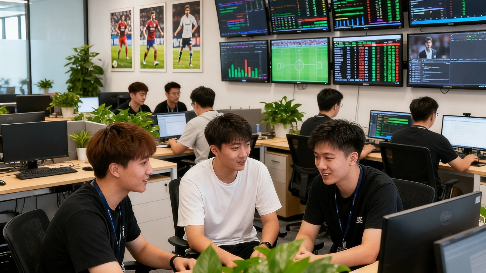 搜球吧北京办公室内，十几位年轻的技术人员和编辑在一间充满绿植和体育海报的开放办公区协作工作，墙上挂着多块显示实时数据的屏幕，氛围专注而充满活力。