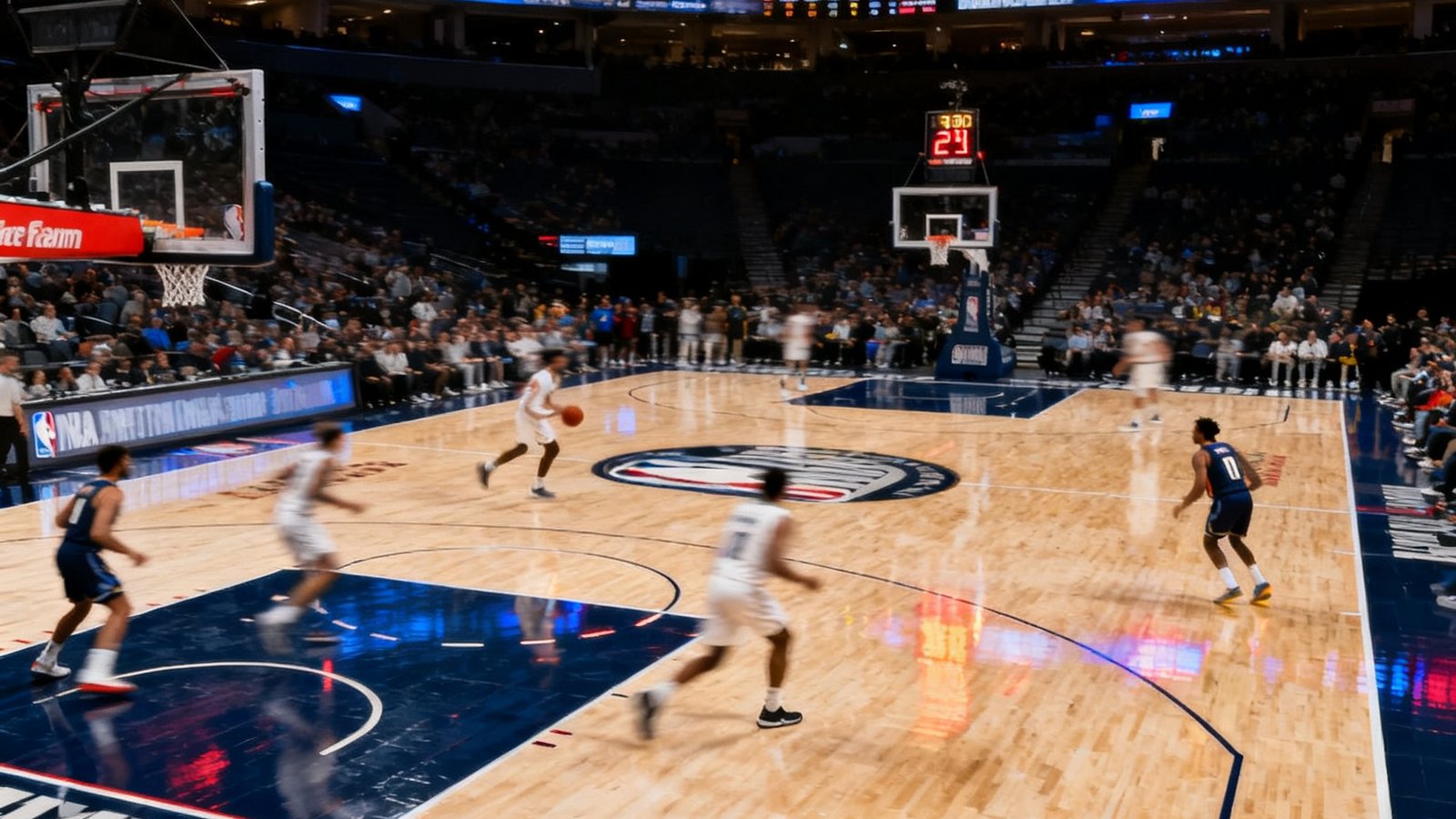 NBA篮球赛高清直播的全景视角画面，球场地板光影反射清晰，球员们在场上快速移动，记分牌数字醒目，营造出现场般的沉浸观感。